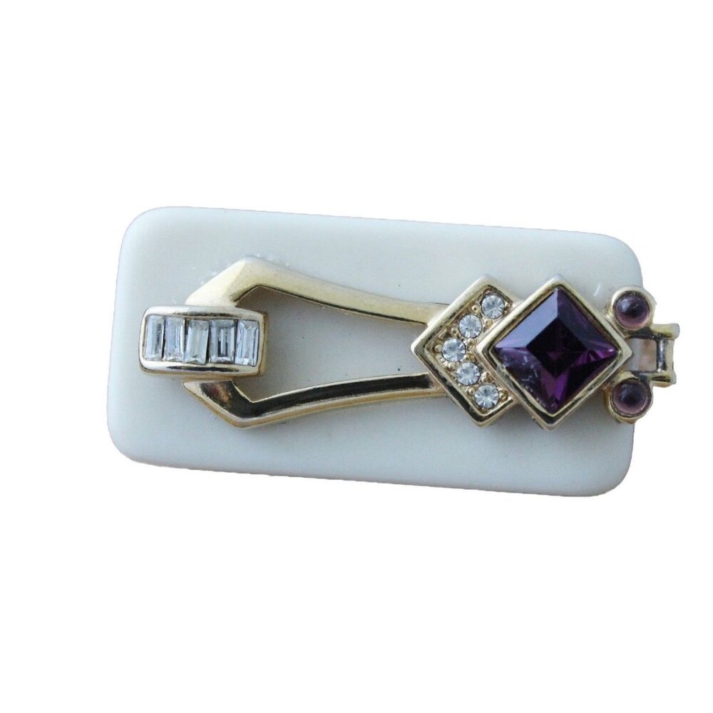 Handmade Domino Brooch With Rhinestones & Purple Gem Accents
